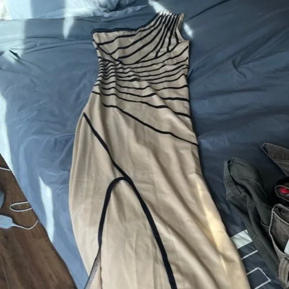 black and tan dresses Gala-worthy beige maxi dress covered in Black sequined ornament, Smoky Quartz S / 4 / Beige&Black main image 0